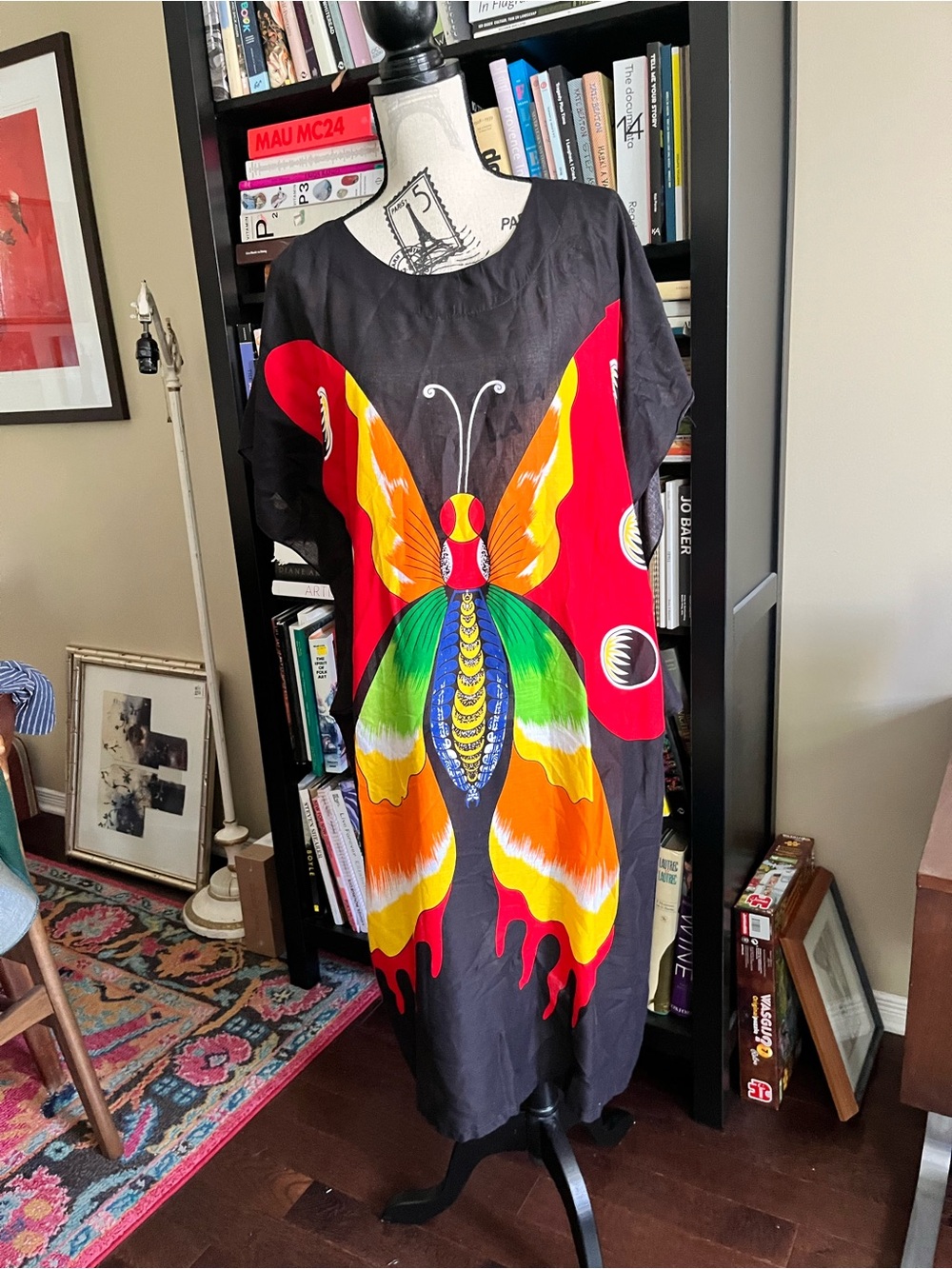 Women’s Black Butterfly Print Dress/Kaftan with Vibrant Multicolor Wings XL